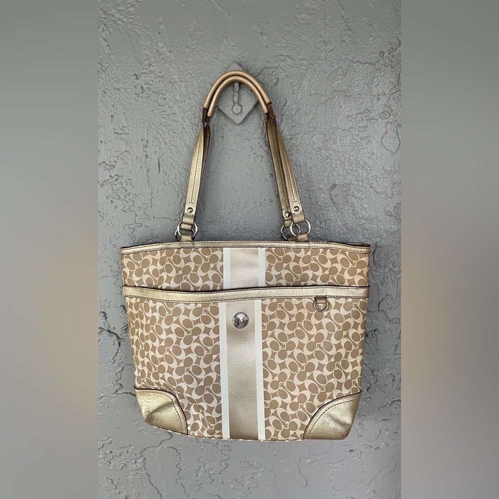 Coach Beige and Metallic Gold Tote